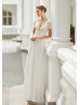 Short Sleeves Ivory Lace Chiffon Beach Wedding Dress